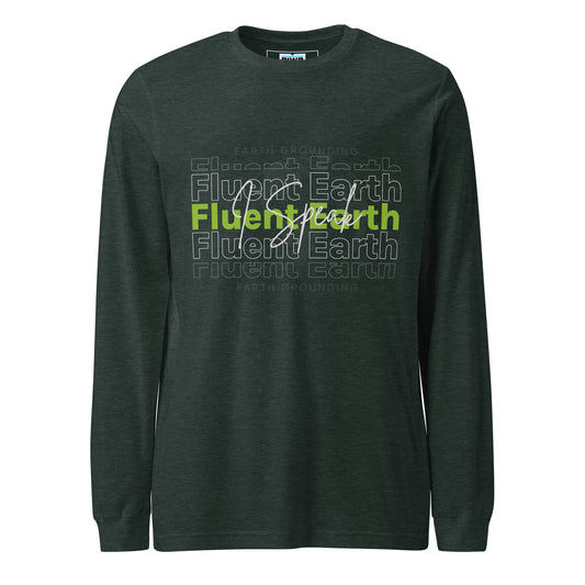 A layered typographic design featuring the phrase "Fluent Earth" repeated in bold and outlined fonts, with one central version in solid green. The handwritten script "I speak" in white overlays the center, creating the full message "I speak Fluent Earth." A light gray globe illustration spans the background, while the phrase "EARTH GROUNDING" in all caps is repeated around the border, enhancing the earthy and rooted theme.