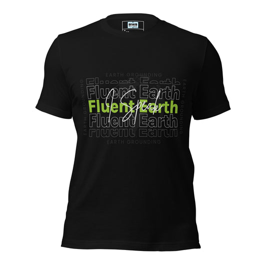 A layered typographic design featuring the phrase "Fluent Earth" repeated in bold and outlined fonts, with one central version in solid green. The handwritten script "I speak" in white overlays the center, creating the full message "I speak Fluent Earth." A light gray globe illustration spans the background, while the phrase "EARTH GROUNDING" in all caps is repeated around the border, enhancing the earthy and rooted theme.
