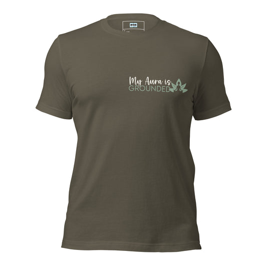 A serene design with the phrase "My Aura is GROUNDED," where "My Aura is" appears in white handwritten script and "GROUNDED" in bold, all-caps sage green font. To the right of the text, a silhouette of a meditating figure is seated in front of a layered lotus flower, reinforcing themes of peace, stability, and mindfulness.
