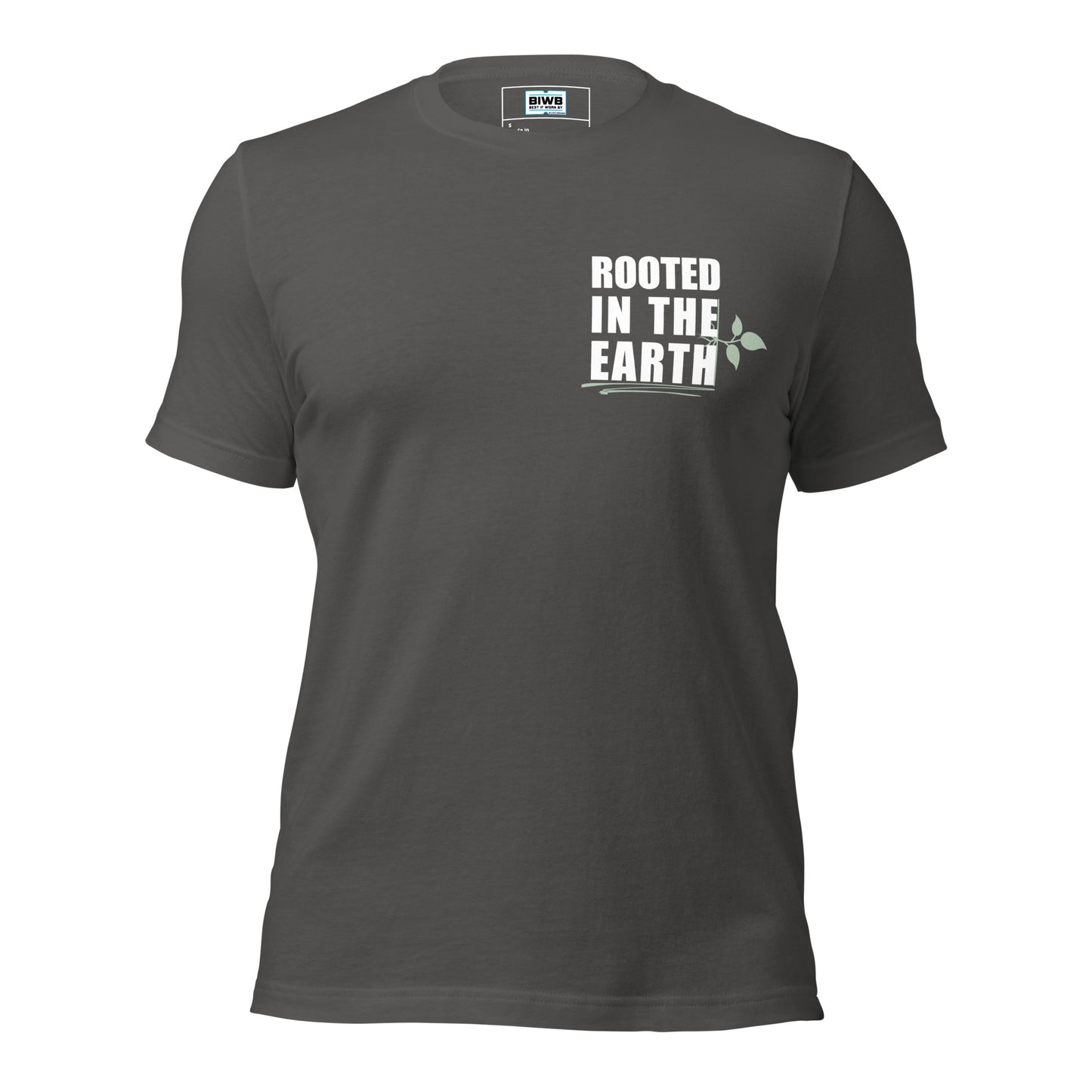 The bold white phrase "ROOTED IN THE EARTH" is stacked in three centered lines, using an all-caps heavy font. A light green vine with leaves wraps subtly around the right side of the text, while two green brushstroke lines underscore the design, symbolizing stability, growth, and a deep connection with nature.