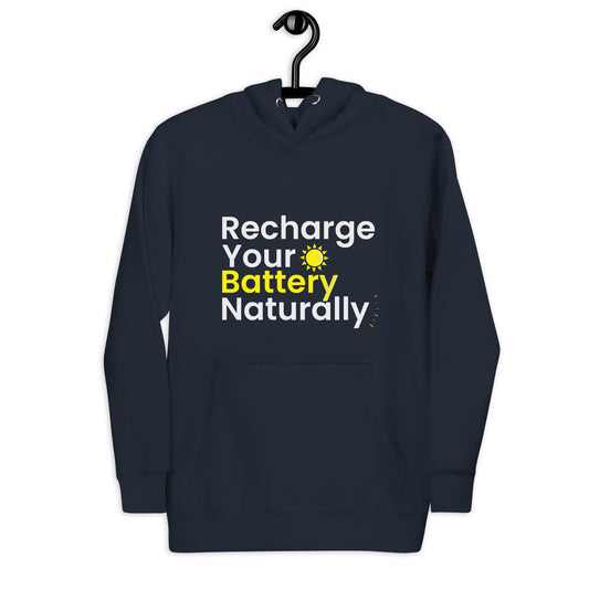 The phrase "Recharge Your Battery Naturally" is displayed in bold sans-serif font, with "Recharge," "Your," and "Naturally" in white and "Battery" in bright yellow. A yellow sun icon replaces the letter "o" in "Your," and three yellow energy lines radiate from the end of the word "Naturally," evoking solar energy and vitality.
