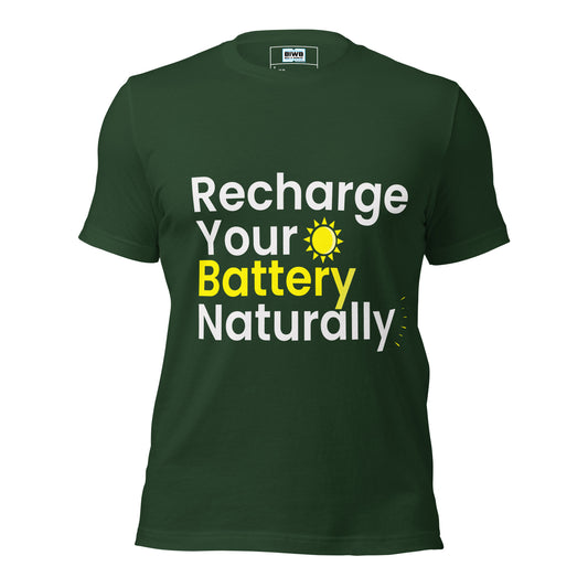 The phrase "Recharge Your Battery Naturally" is displayed in bold sans-serif font, with "Recharge," "Your," and "Naturally" in white and "Battery" in bright yellow. A yellow sun icon replaces the letter "o" in "Your," and three yellow energy lines radiate from the end of the word "Naturally," evoking solar energy and vitality.