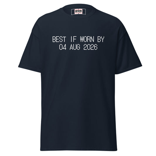 “BEST IF WORN BY 04 AUG 2026” printed in black dot matrix font—the dots echo cicadas, buzzing with the heat of passing time.