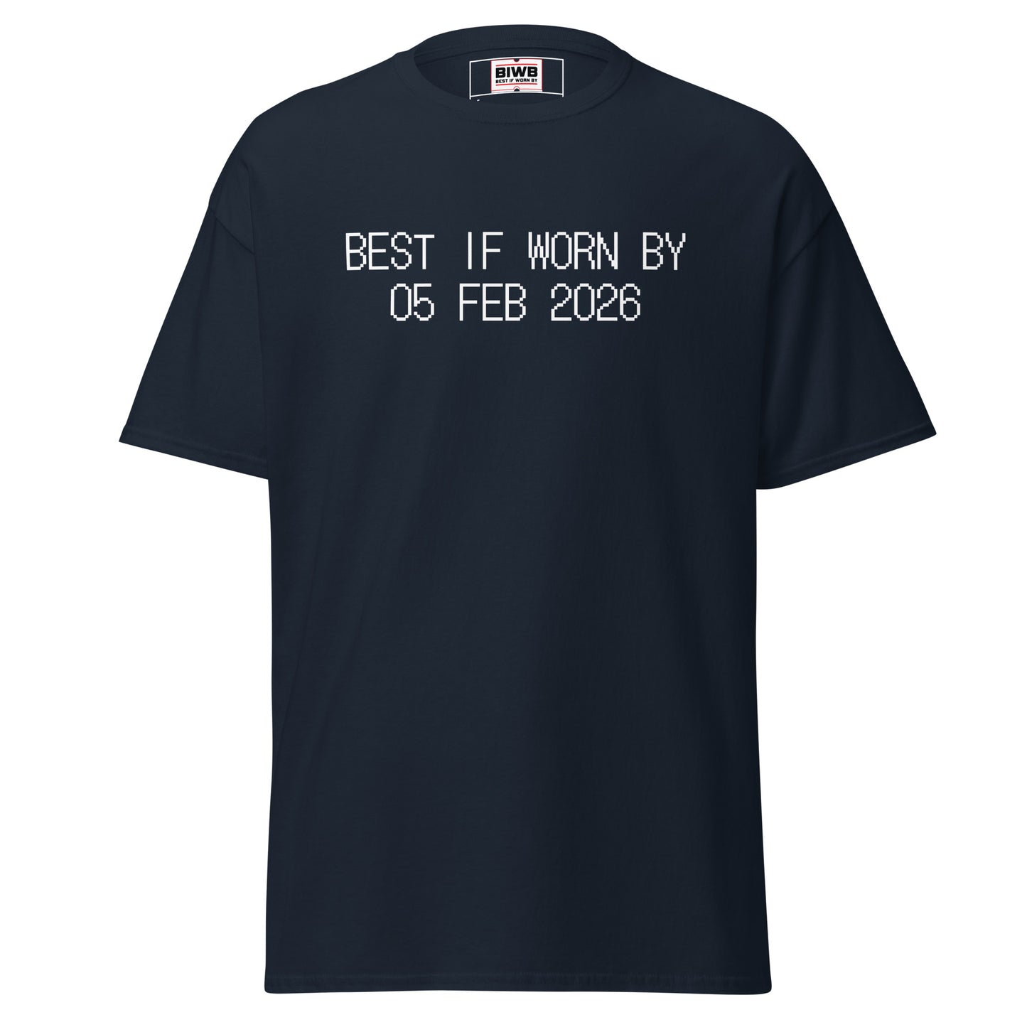 “BEST IF WORN BY 05 FEB 2026” printed in black dot matrix font mimics an expiration mark—showing how Fridays arrive and vanish quickly, swallowed by time