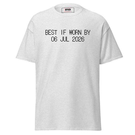 “BEST IF WORN BY 06 JUL 2026” printed in black dot matrix font—summer presses forward, hours dissolving like heat shimmer.
