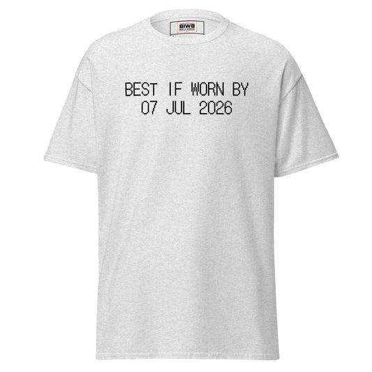 “BEST IF WORN BY 07 JUL 2026” printed in black dot matrix font—a week slips by, marked silently in the ink of expiration.
