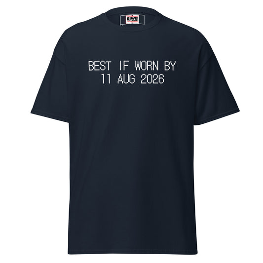 “BEST IF WORN BY 11 AUG 2026” printed in black dot matrix font—the ink mimics stars, shining briefly before fading.