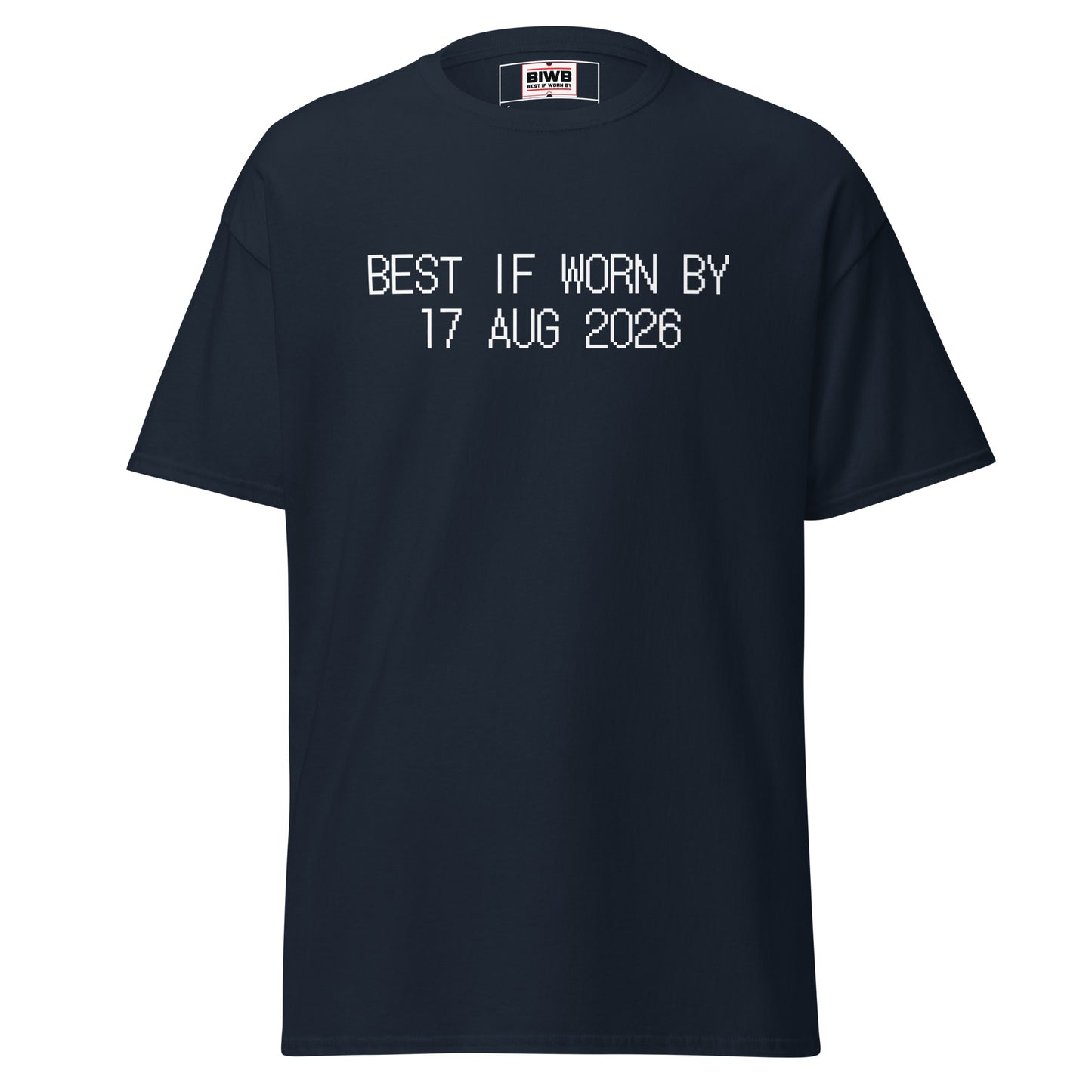 “BEST IF WORN BY 17 AUG 2026” printed in black dot matrix font—the days pass like sand, slipping beyond grasp.
