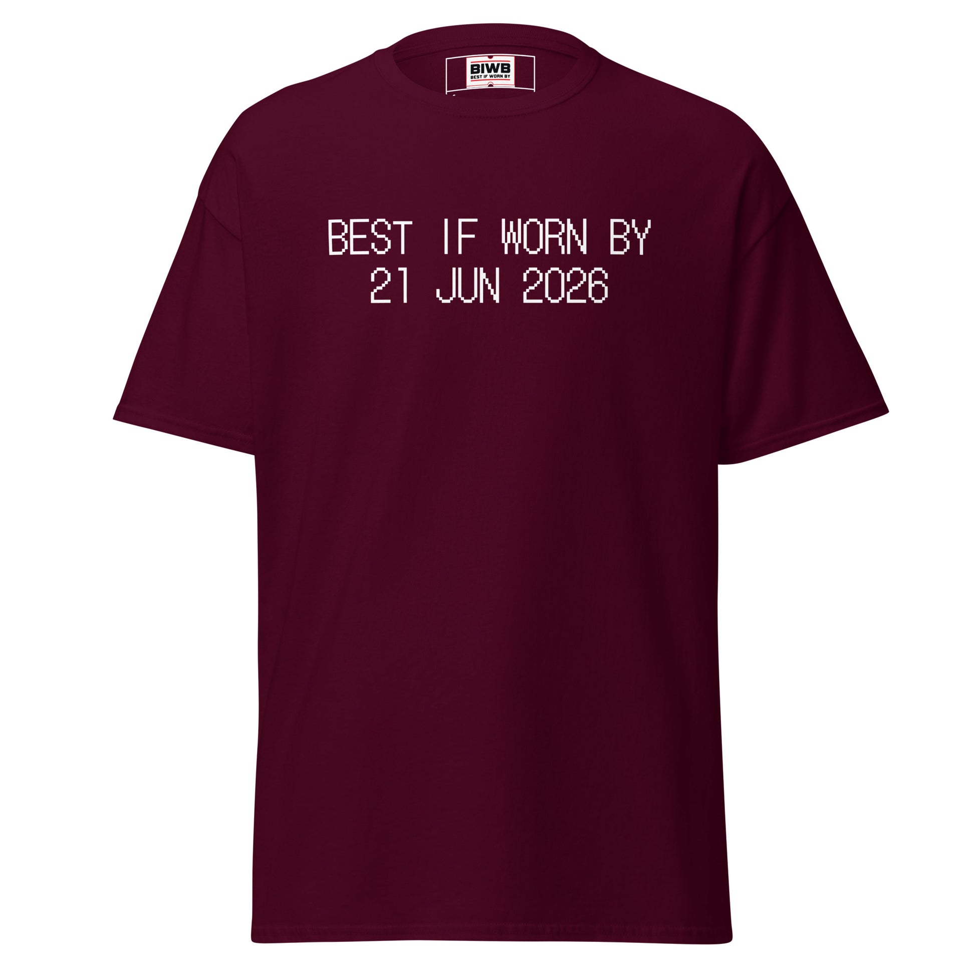 “BEST IF WORN BY 21 JUN 2026” printed in black dot matrix font—the first day of summer, longest sunlight stamped finite.
