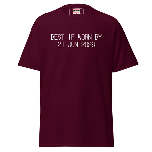“BEST IF WORN BY 21 JUN 2026” printed in black dot matrix font—the first day of summer, longest sunlight stamped finite.
