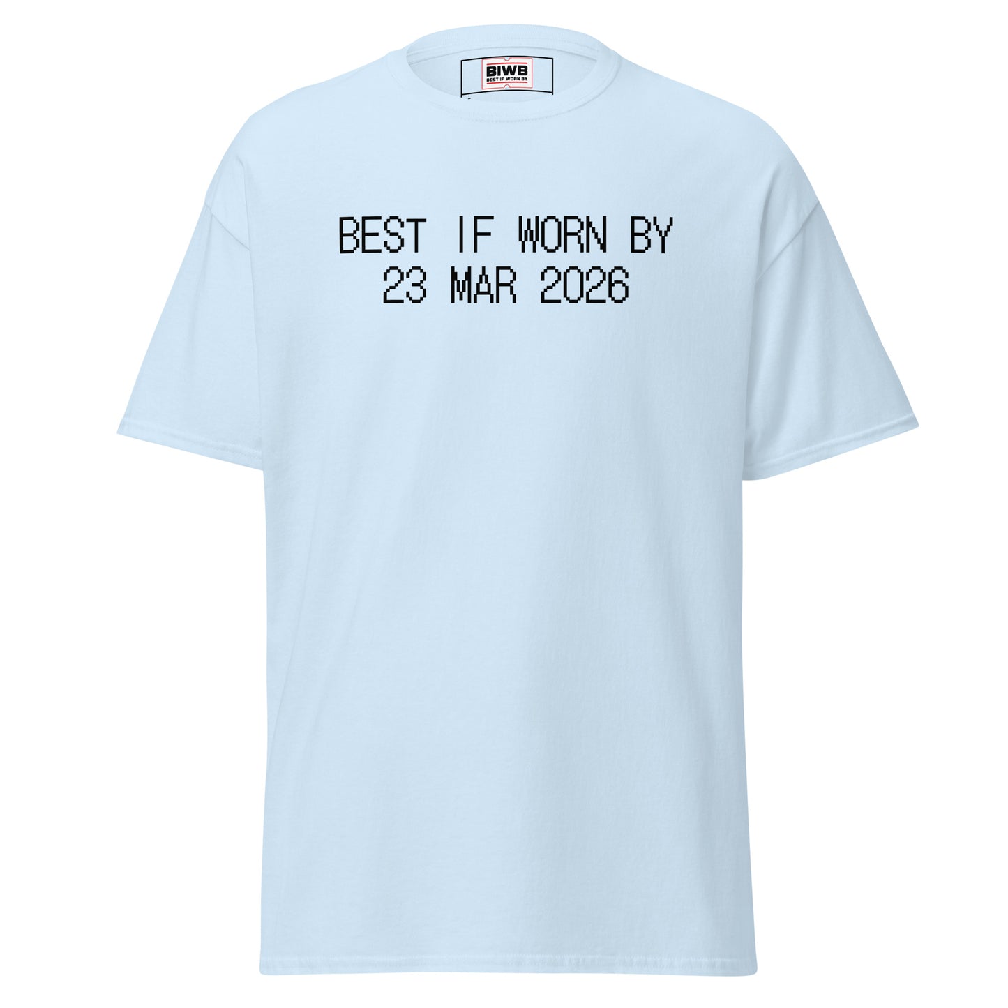 “BEST IF WORN BY 23 MAR 2026” printed in black dot matrix font mimics labeling style—days stacking like shelves, each quietly finite.