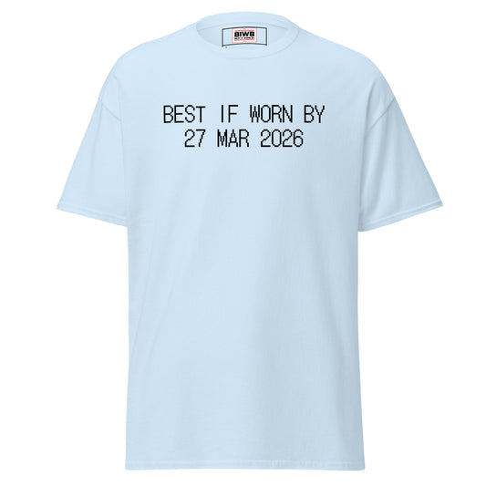 “BEST IF WORN BY 27 MAR 2026” printed in black dot matrix font channels expiration labels—Fridays feeling like shelves emptied too quickly.