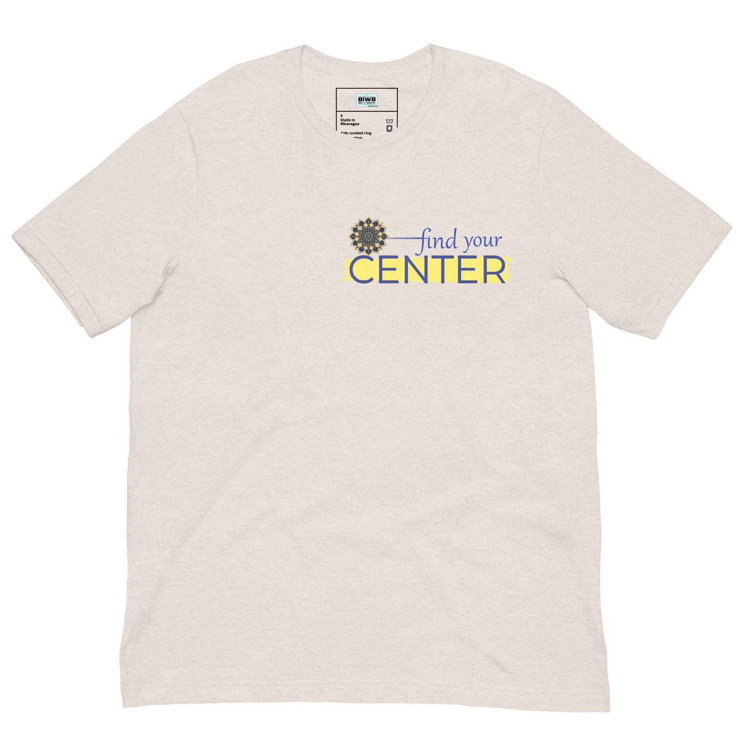 Mandala-style floral emblem with intricate gold and blue detailing to the left of the phrase 'find your CENTER'. The words 'find your' are in a flowing blue script, while 'CENTER' is in bold uppercase yellow letters with a blue outline, set against a yellow brushstroke background, symbolizing inner balance and mindfulness.