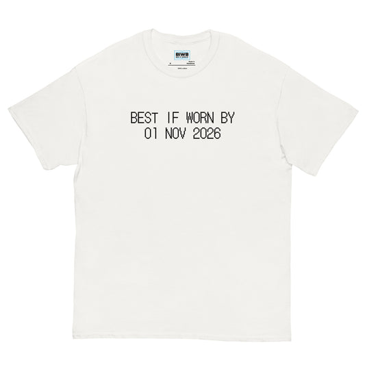 Printed in black dot matrix font, “BEST IF WORN BY 01 NOV 2026” mimics a best-before label—offering a quiet reflection on life’s pace and presence.