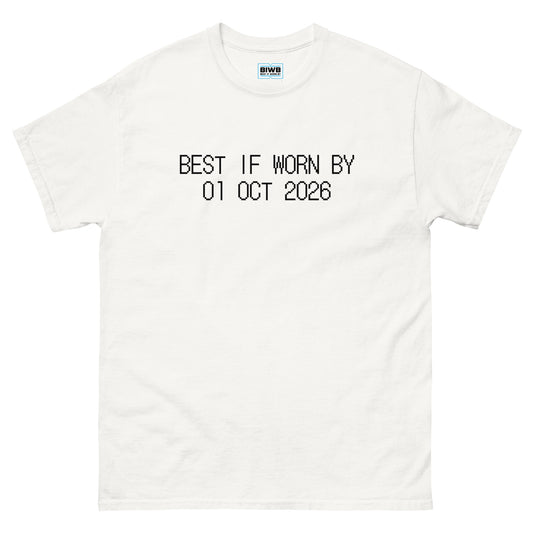 A subtle expiration-style message, “BEST IF WORN BY 01 OCT 2026,” written in black dot matrix font. It carries quiet humour while honouring the passing of time.