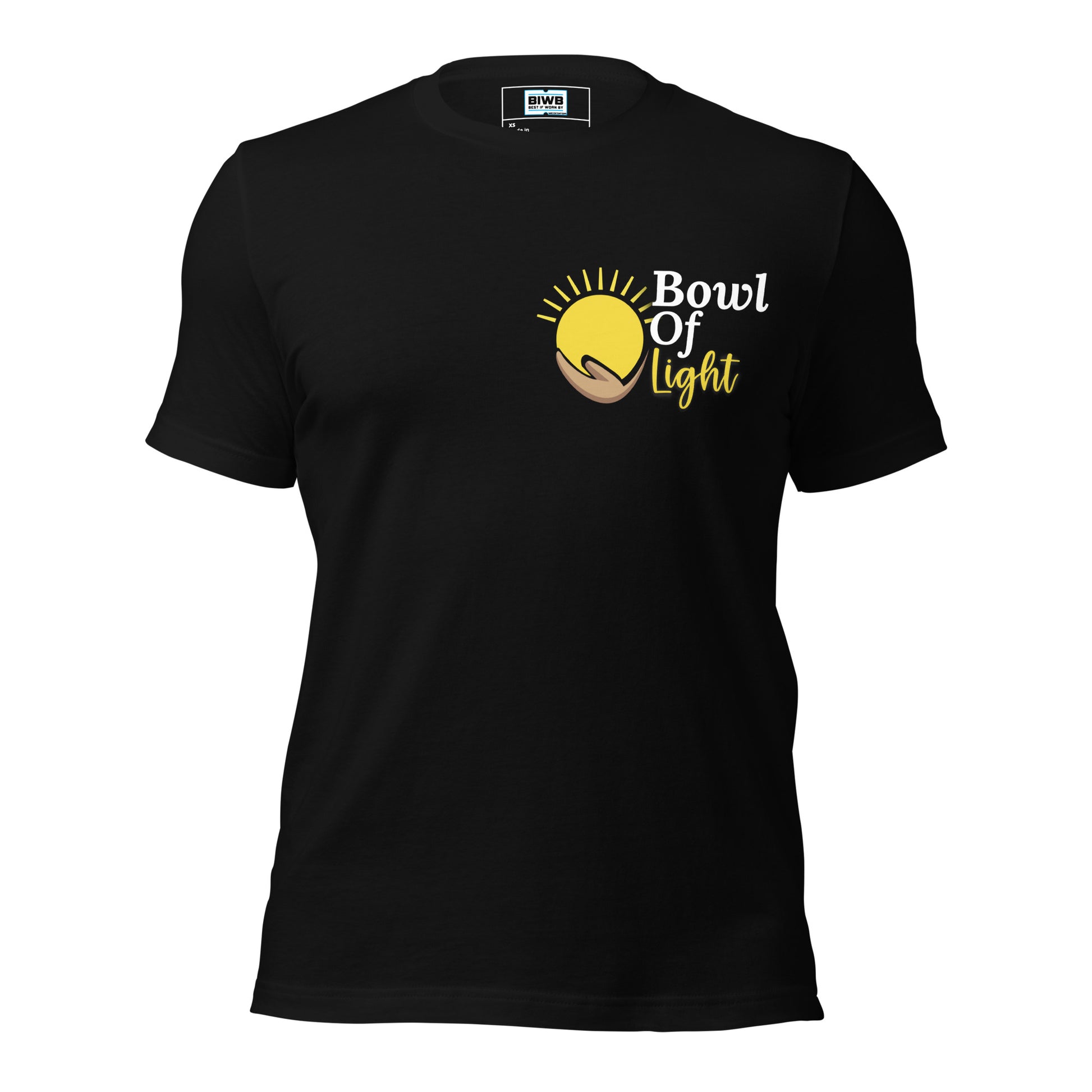 A bright yellow sun cradled in a stylized brown hand sits to the left of the phrase "Bowl Of Light." The word "Bowl" and "Of" are written in white serif font, while "Light" is in a playful handwritten yellow font outlined in white and black. Radiating sunrays complete the design, symbolizing warmth, light, and inner radiance.