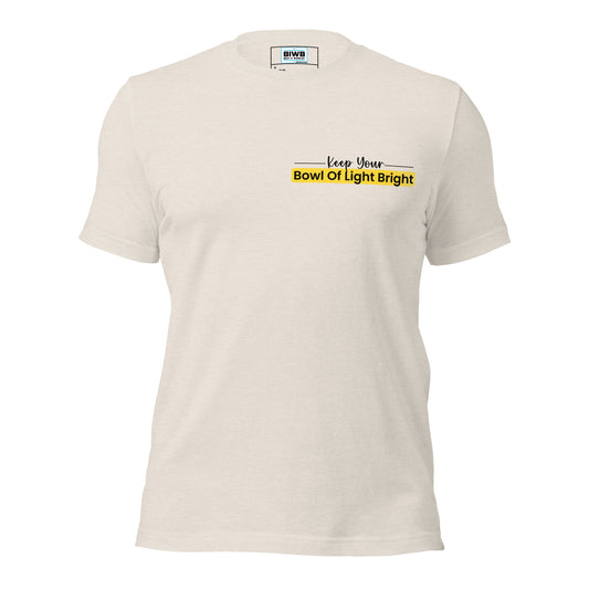 A bold yellow rectangle with rounded corners contains the phrase 'Bowl Of Light Bright' in clean black font. The whole text reads “Keep Your Bowl Of Light Bright” and it is written in a modern, bold style with each word capitalized, centered within the yellow banner to create a high-contrast, visually striking design.