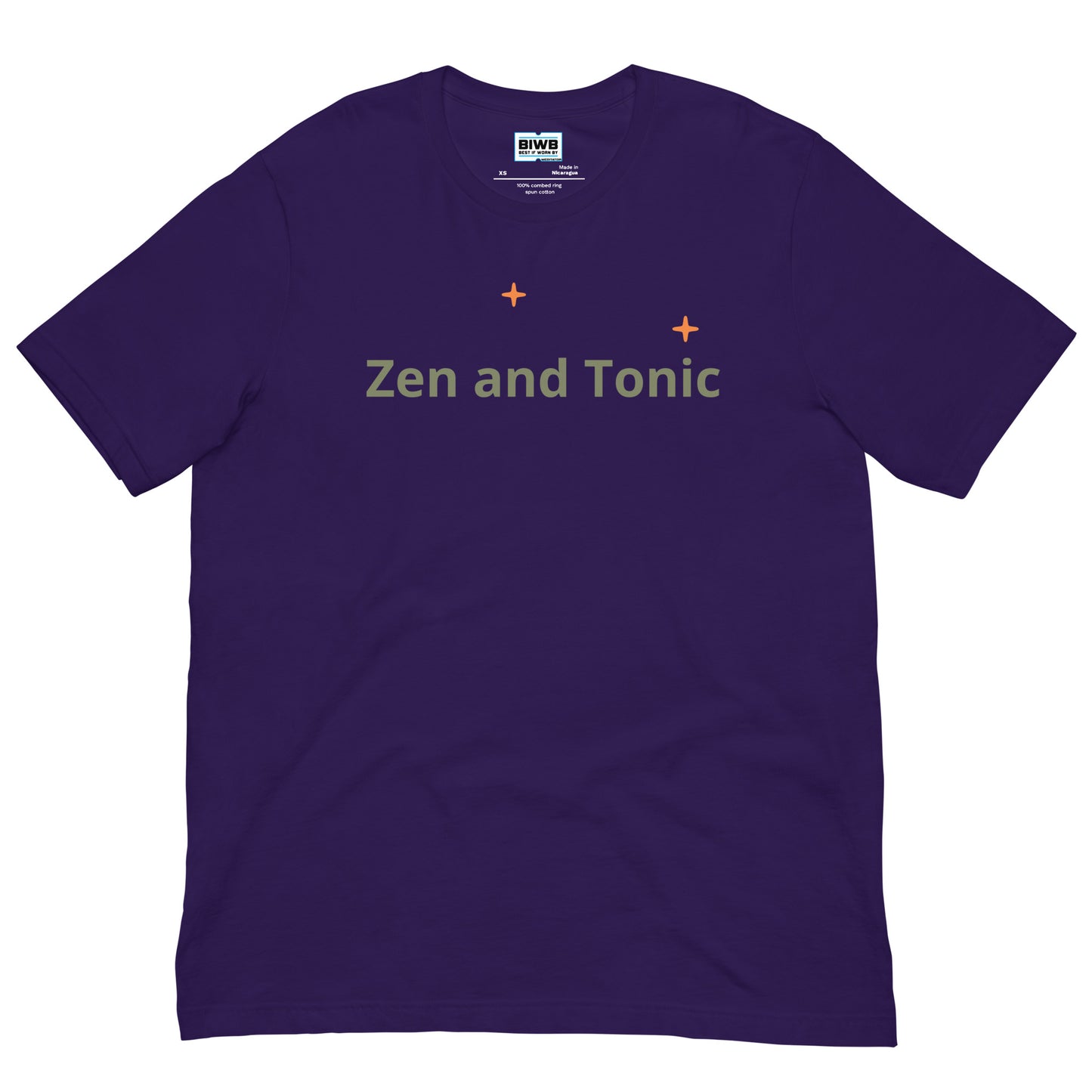 The phrase “Zen and Tonic” is in sage green font with orange starburst symbols above in random placement. This t-shirt is everything you've dreamed of and more. It feels soft and lightweight, with the right amount of stretch. It's comfortable and flattering for all.